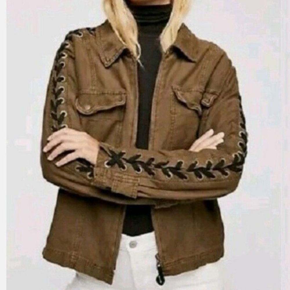 Free People Faye military jacket with grommet and crisscross design size L